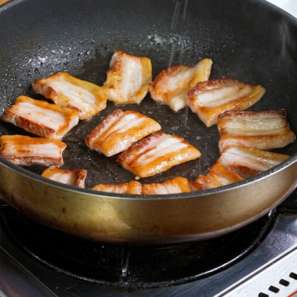 Diced onions and minced garlic sizzling in the pan alongside the browned pork belly.