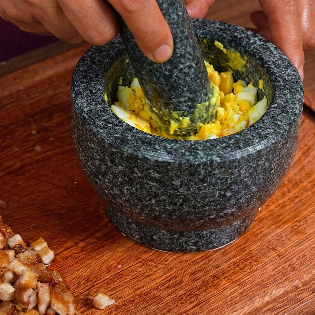 Cooked eggs being mashed in a stone mortar using a stone pestle.