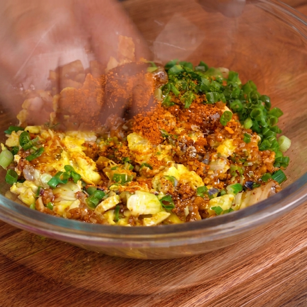 A bowl containing the pork and egg filling mixture being stirred with chopped green onions.