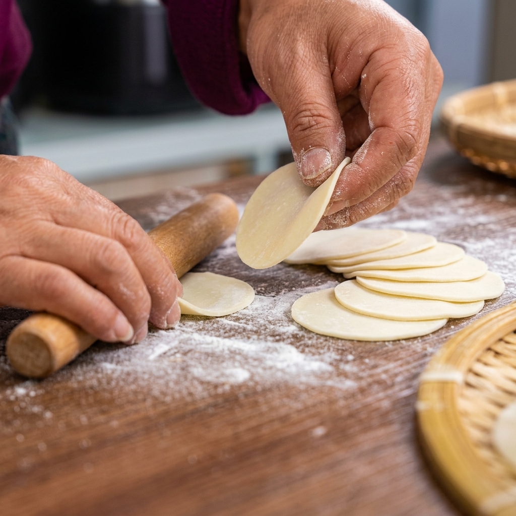 Hands folding and sealing dumpling wrappers filled with the meat and egg mixture.