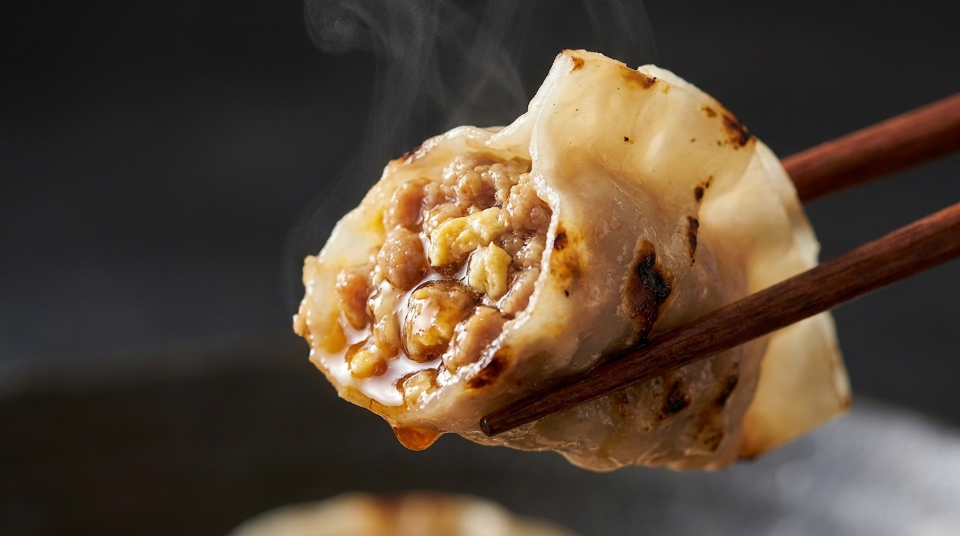 A succulent grilled meat dumpling, split open to reveal a savory, glistening pork and egg filling.