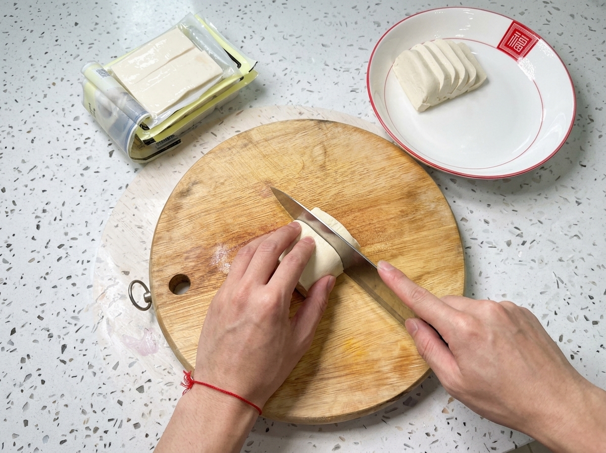 Slices of white tofu being arranged neatly on a white and red-rimmed plate next to the cutting board.