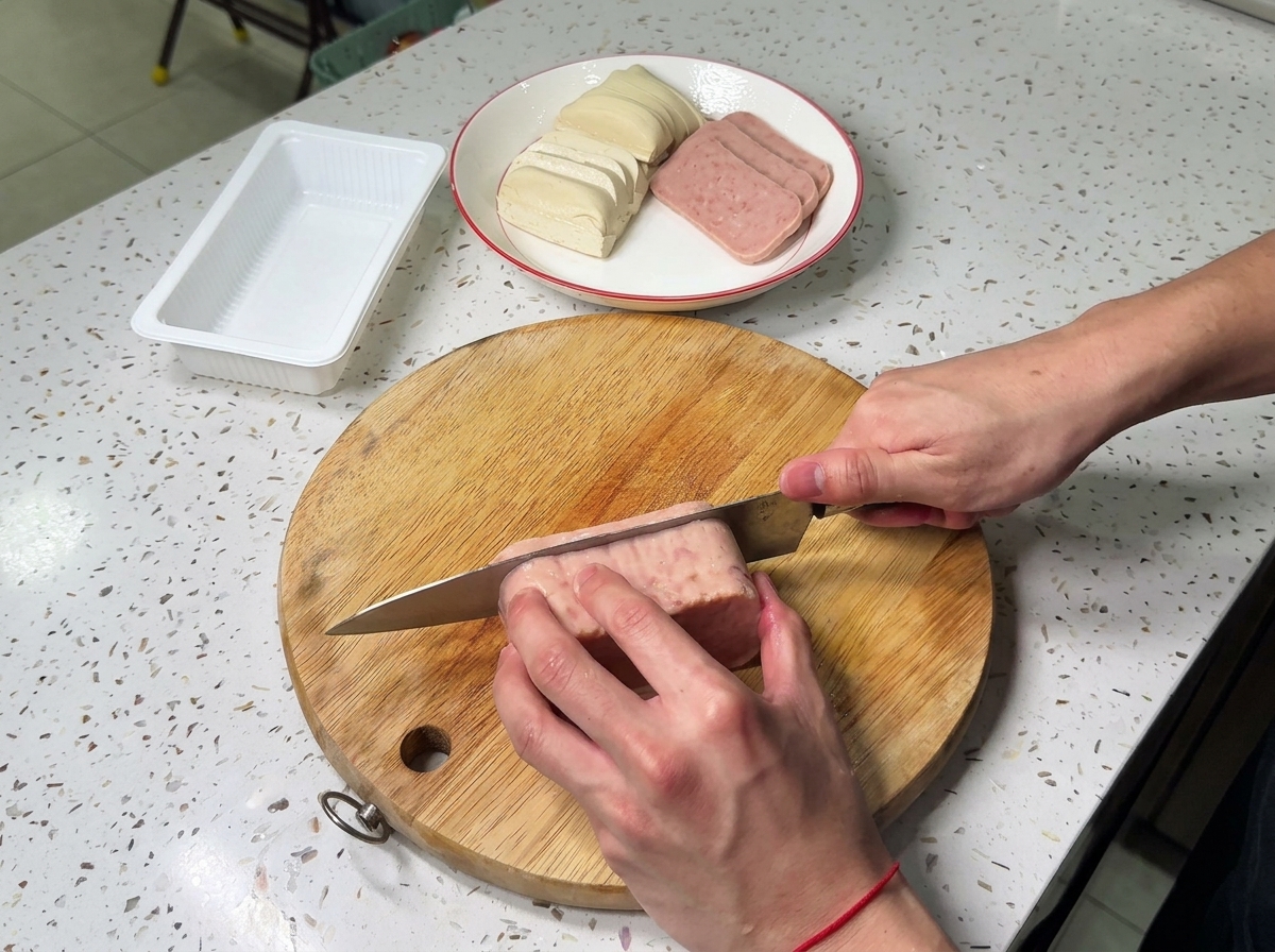 Uniform slices of luncheon meat being cut on a wooden cutting board with a chefs knife.