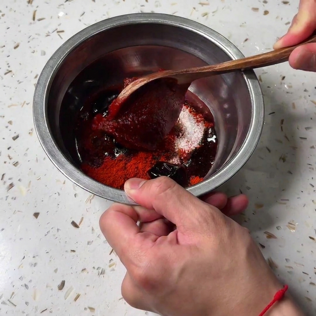 A close-up shot of a spoonful of Korean hot pepper paste being added to a metal bowl containing other seasonings.