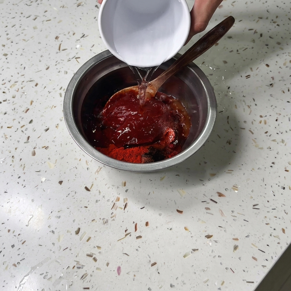 Water being poured from a small white bowl into a metal bowl filled with spices and seasoning paste.