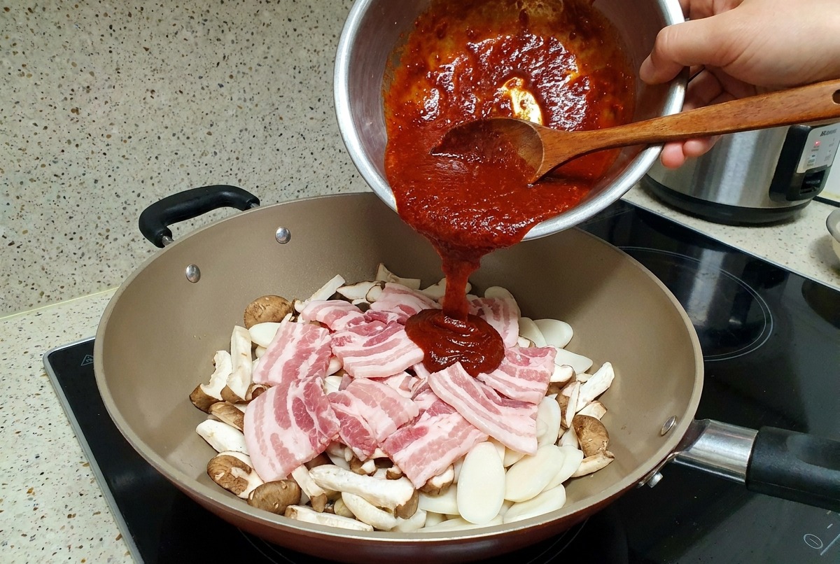 Pouring the deep-red, flavorful sauce mixture over the arranged ingredients in the cooking pot.