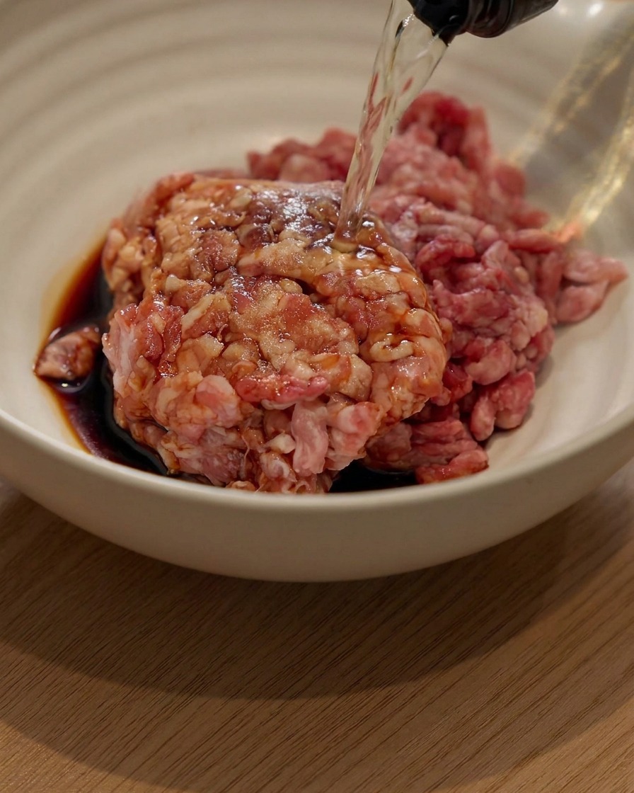 Minced pork in a white bowl being seasoned with soy sauce and cooking wine.