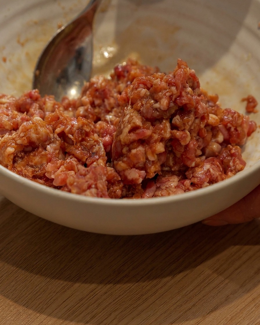 Minced pork being marinated in a white bowl with a spoon.