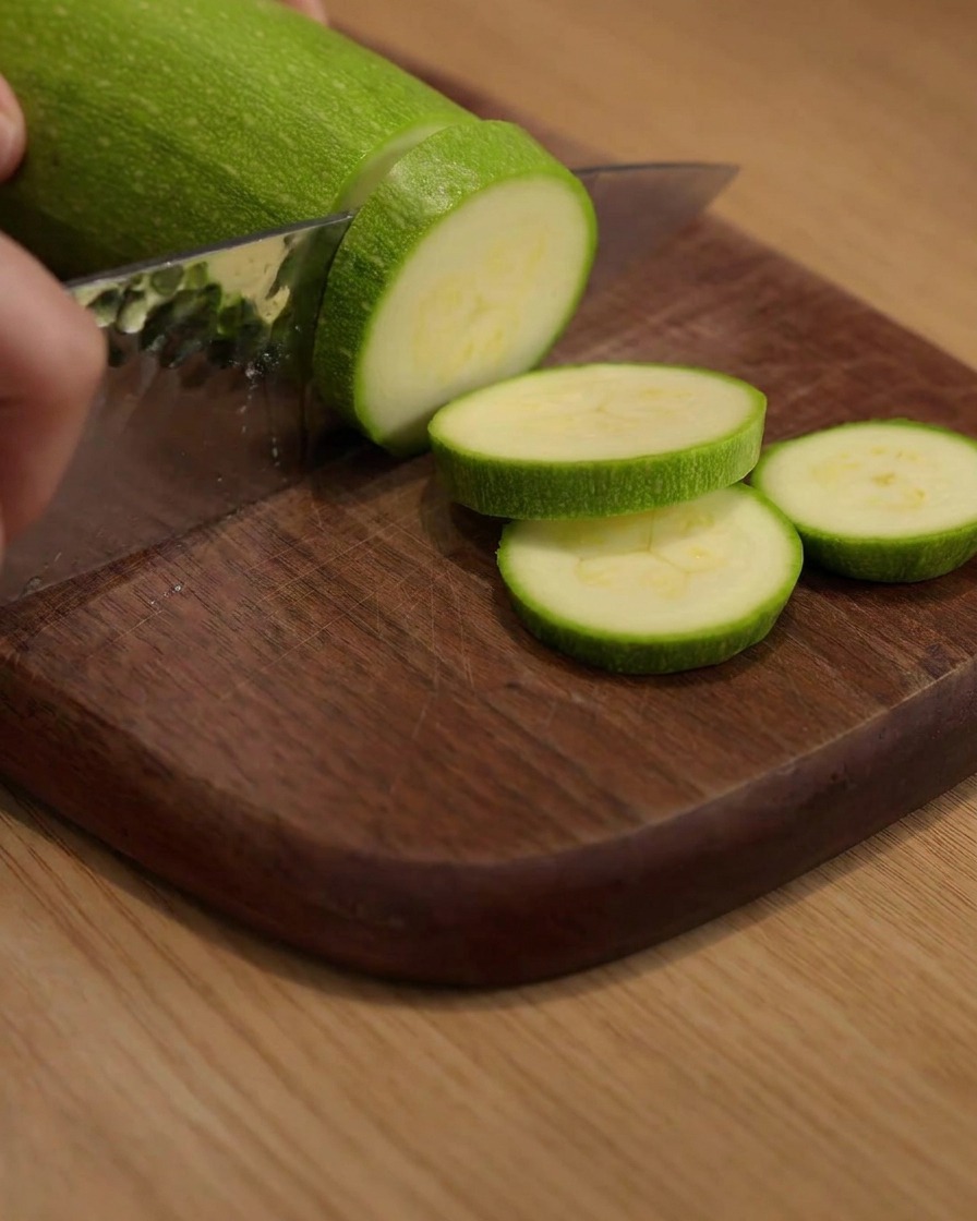 Zucchini being cut into round slices on a wooden cutting board.