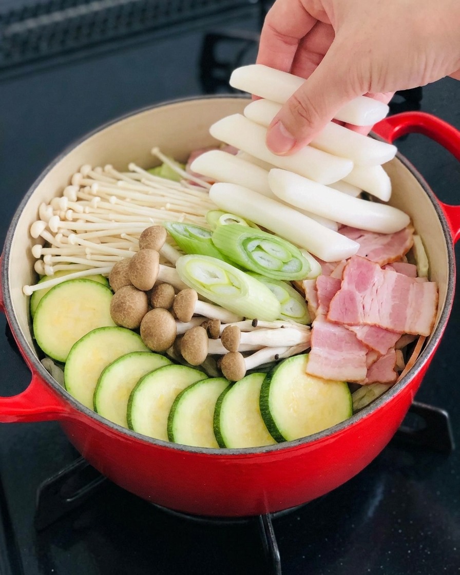 A hand placing white cylindrical rice cakes into the ingredient arrangement inside the red hot pot.