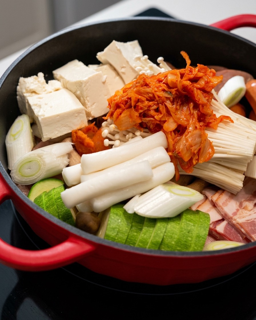 Vibrant red kimchi being layered on top of the enoki mushrooms and other ingredients inside the pot.