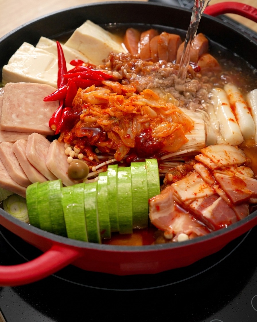 Water streaming down into the red hot pot filled with neatly arranged ingredients like kimchi, luncheon meat, and zucchini.