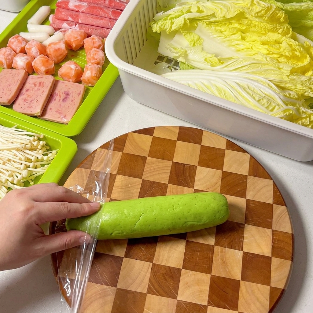 Zucchini being chopped into small pieces on a wooden cutting board.