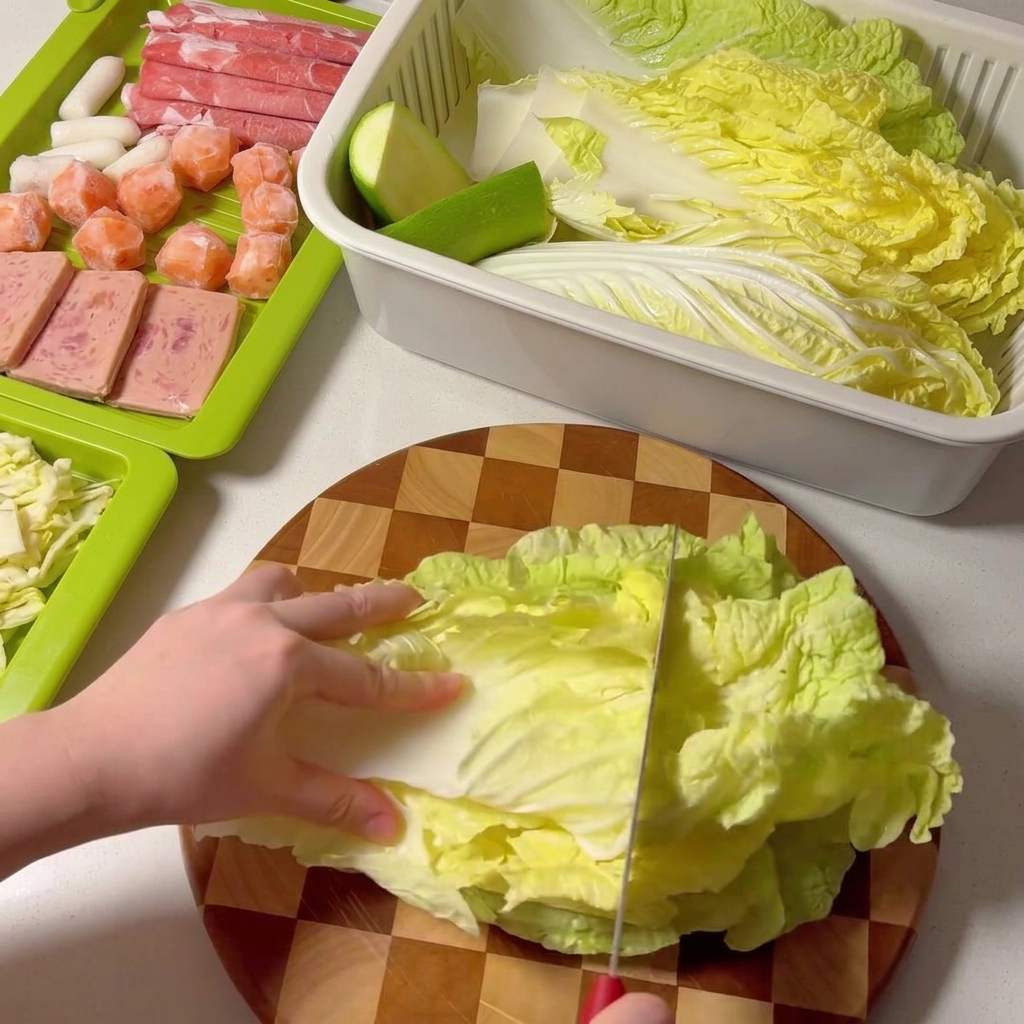 Nappa cabbage leaves being sliced into portions on a wooden cutting board.