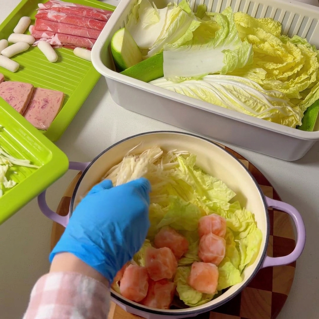 Enoki mushrooms and zucchini pieces being added into the cooking pot.