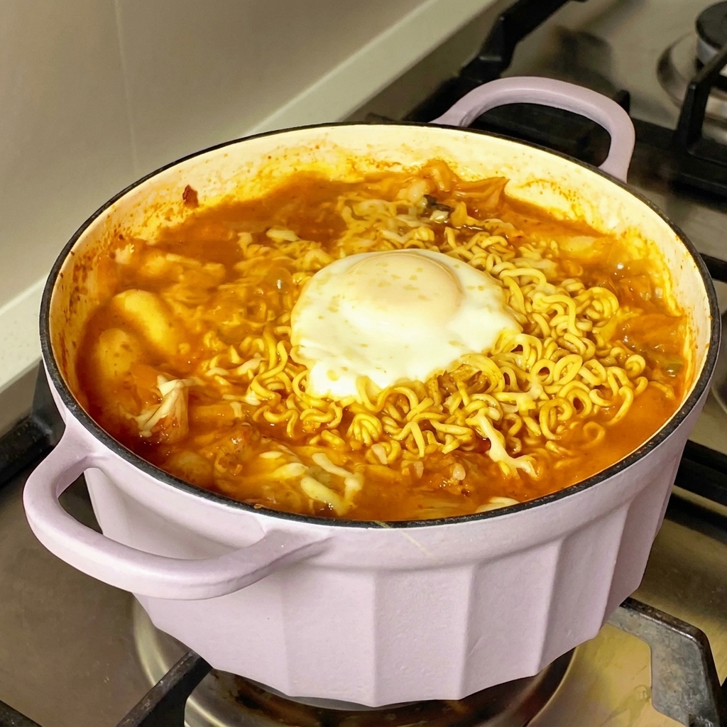 Instant noodle seasoning packet and chili powder poured into the sauce bowl.
