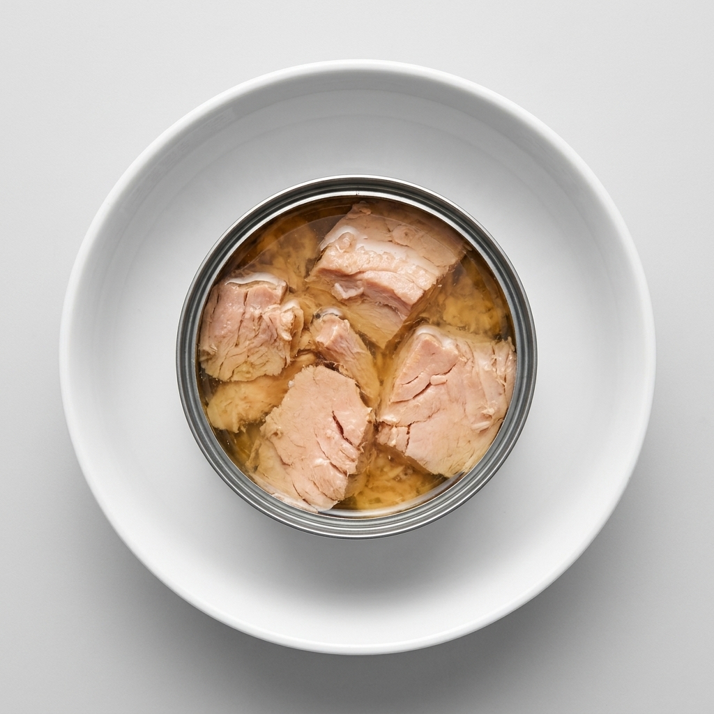 An open can of oil-immersed tuna resting inside a clean white bowl.