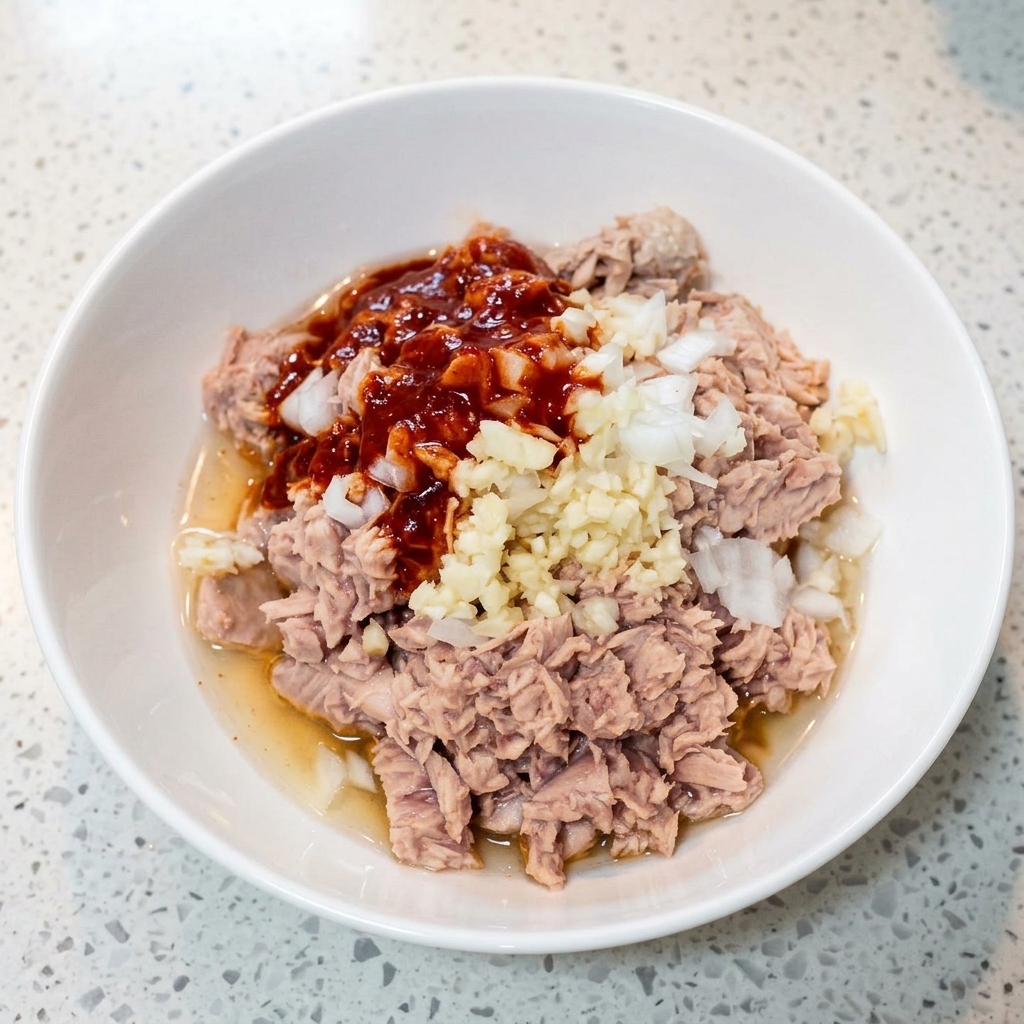 A white bowl containing flaked tuna topped with diced onions, minced garlic, and a vibrant red dollop of chili seasoning.