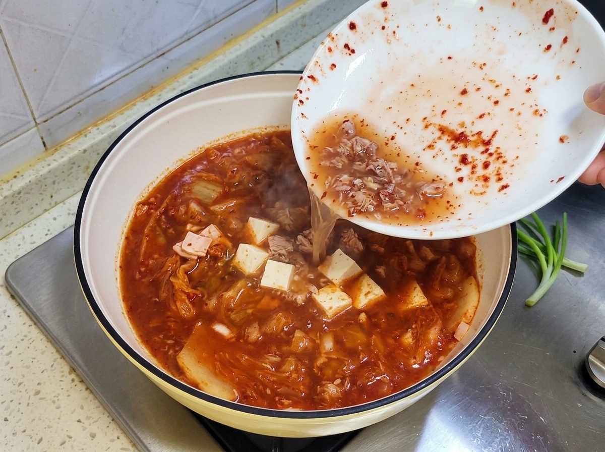 Water and residual seasoning liquid being poured from a white bowl into the simmering pot of stew.
