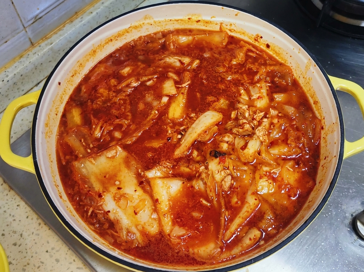 A yellow-handled pan filled with bubbling red kimchi stew, covered with a lid to simmer.