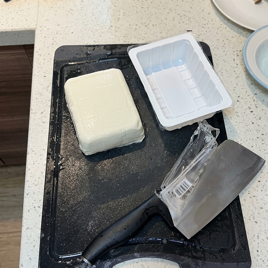 A block of silken tofu being carefully cut into pieces with a knife on a cutting board.
