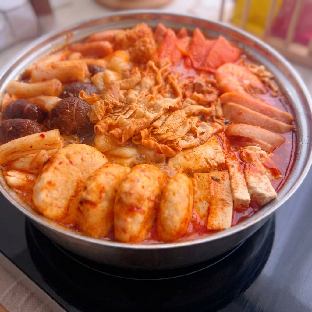 Instant ramen noodles and an egg being placed on top of the ingredients inside the simmering hot pot.