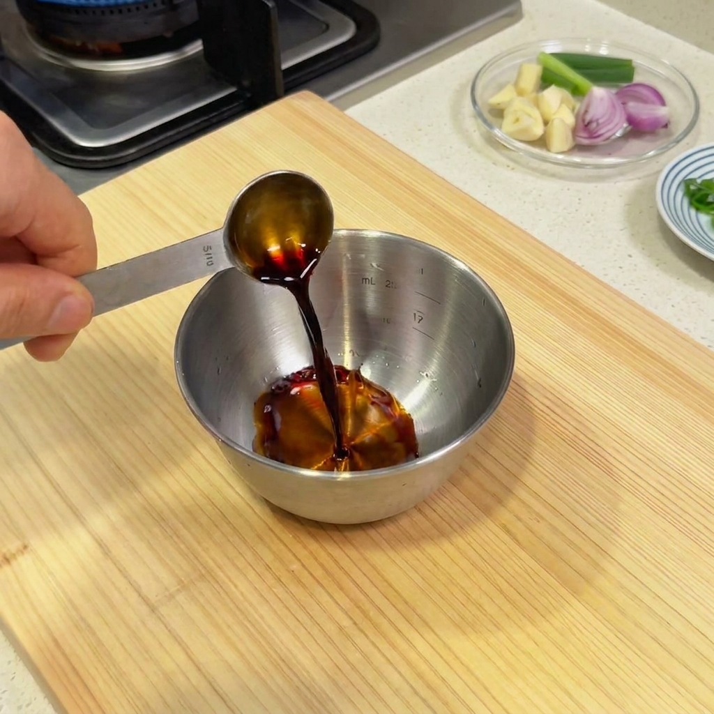 Dark liquid seasoning being poured into a metal mixing bowl to create the black pepper sauce base.
