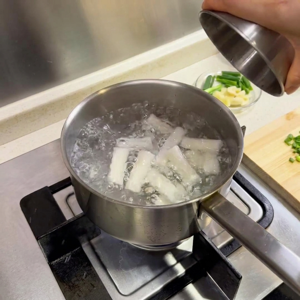 Rice cake sticks boiling vigorously in a stainless steel pot on a gas stove.