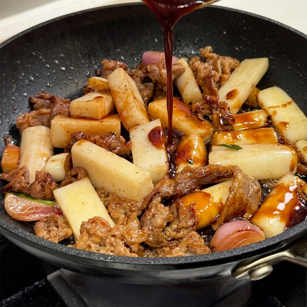 Dark black pepper sauce being poured from a small ladle directly onto ingredients in a skillet.