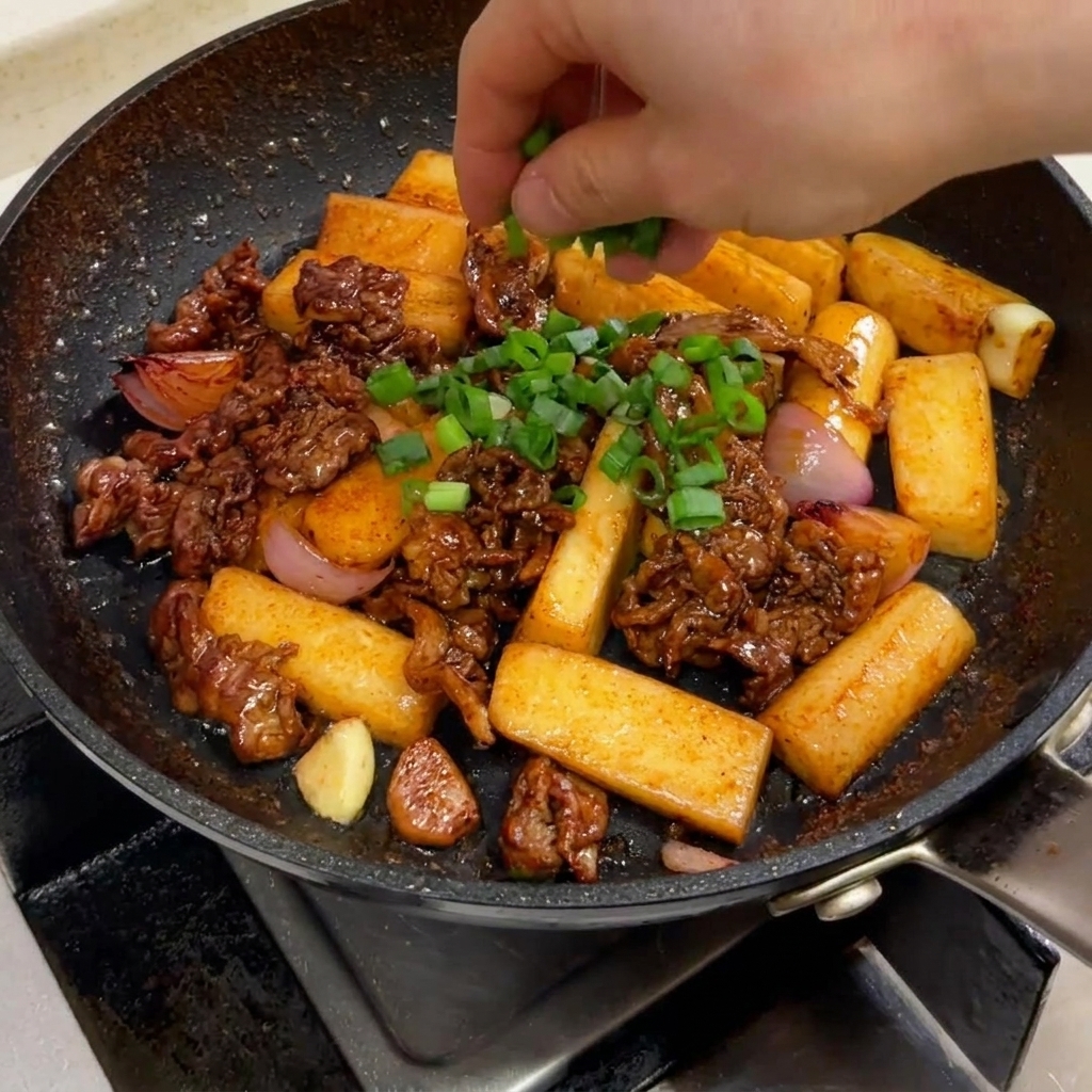 Chopped green onions being hand-sprinkled over a sizzling pan of beef and rice cake stir-fry.