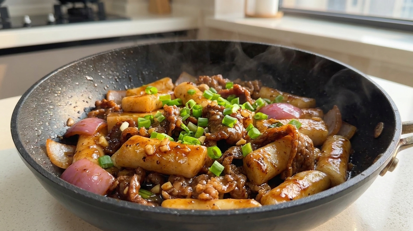 Savory Black Pepper Beef & Rice Cake Stir-Fry