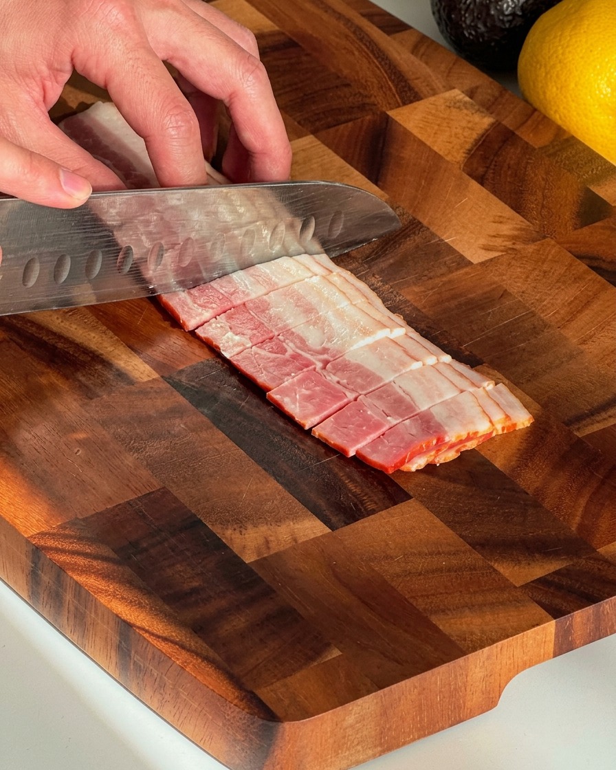 Hands using a knife to slice strips of bacon on a wooden cutting board.