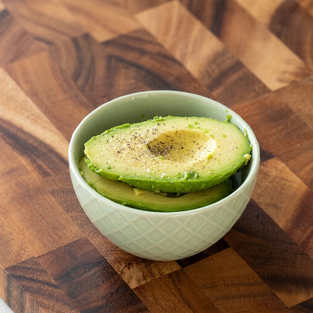 Avocado halves in a bowl sprinkled with salt and black pepper.