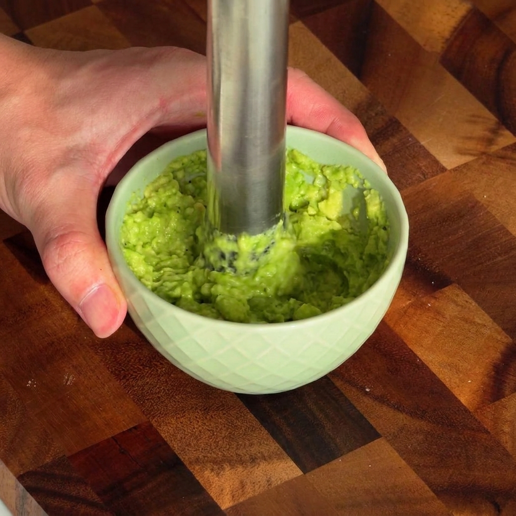 Mashing seasoned avocado in a small bowl using a metal muddler.