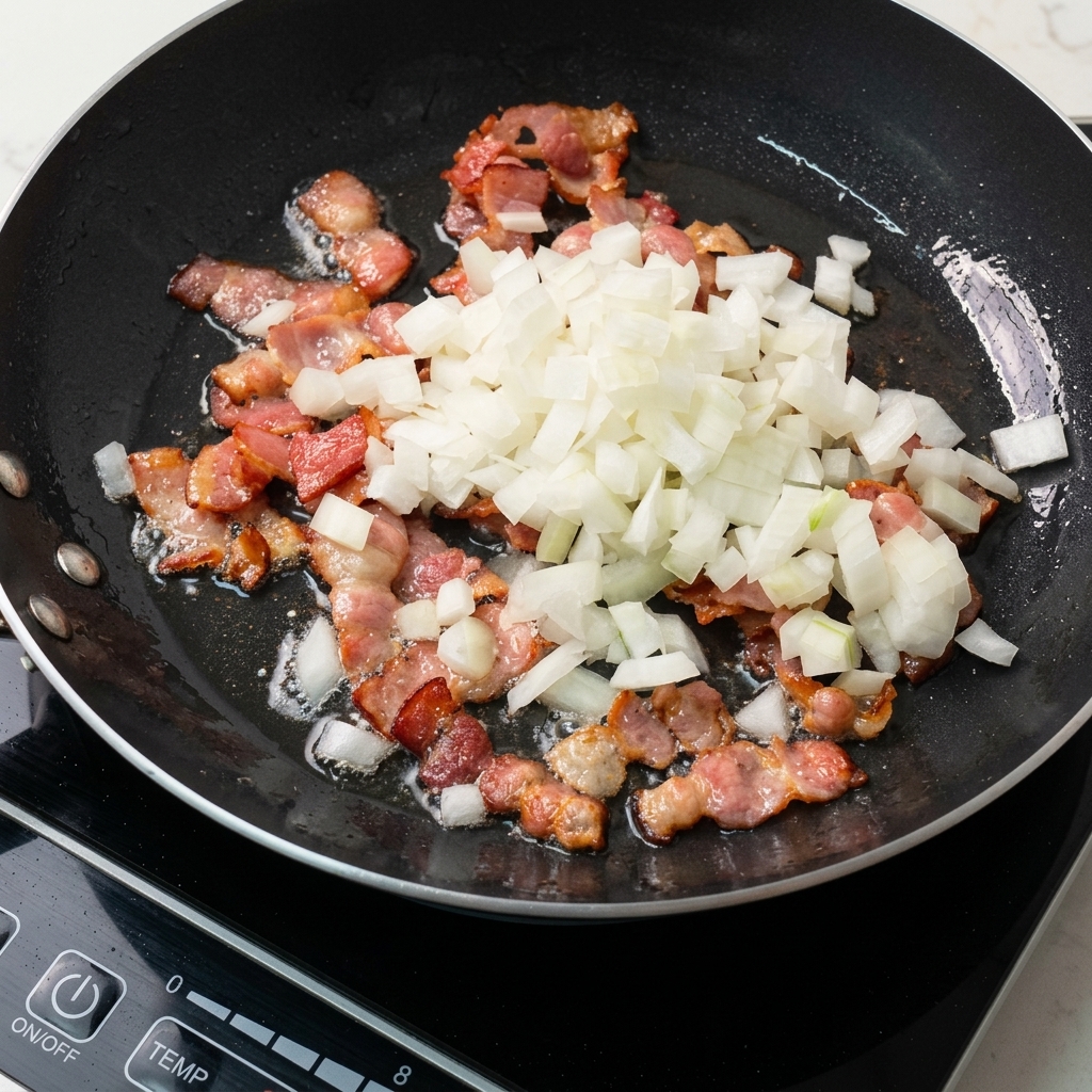 Finely chopped white onions added on top of frying bacon in a hot skillet.