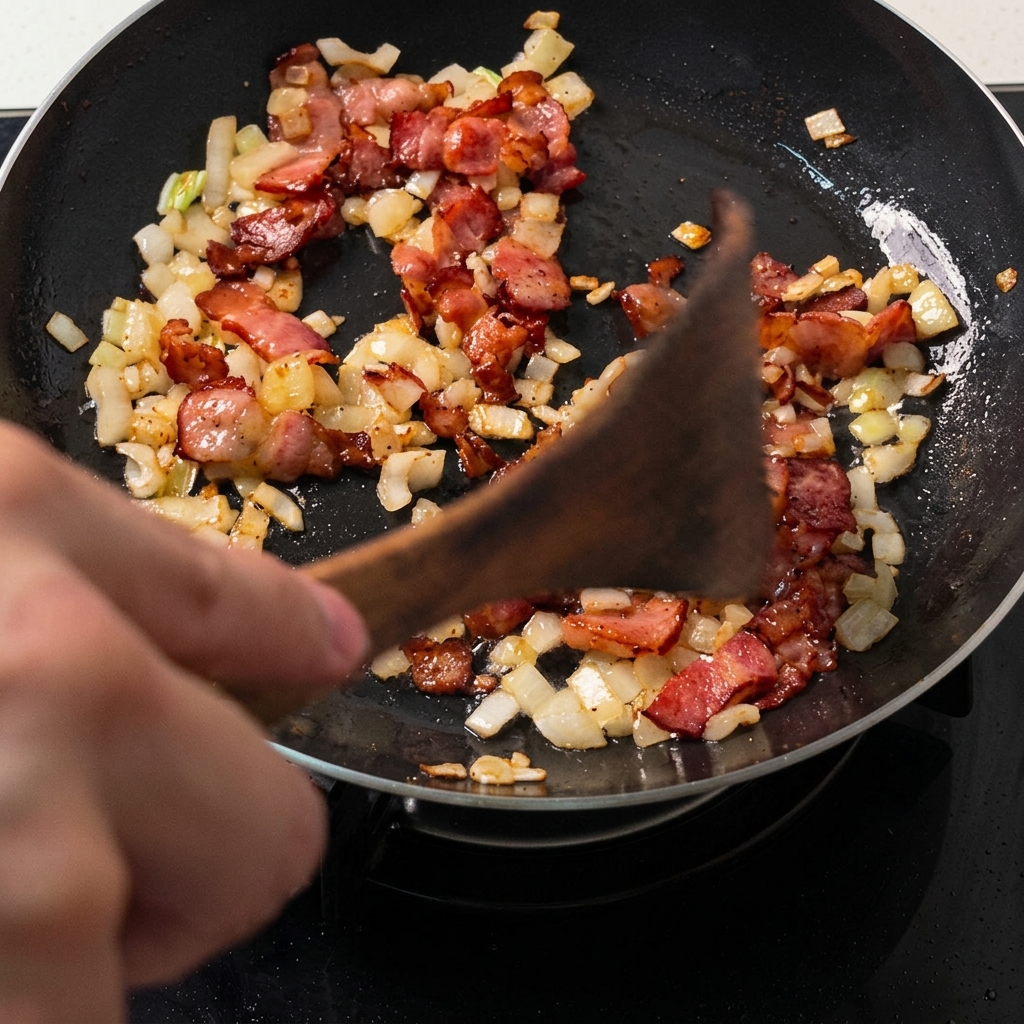A wooden spatula pushing a mixture of cooked bacon and onions to form hollow circular spaces in the pan.