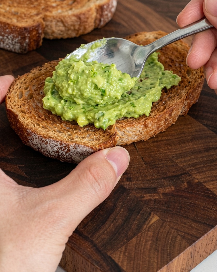 A silver spoon spreading green mashed avocado onto a slice of crispy toasted bread on a wooden board.