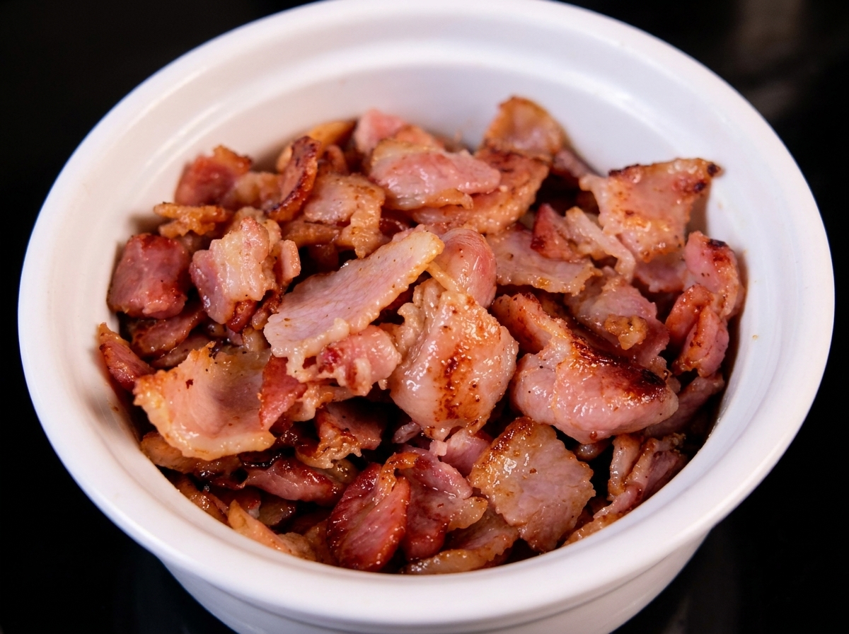 A bowl filled with freshly cooked, crispy chopped bacon pieces.
