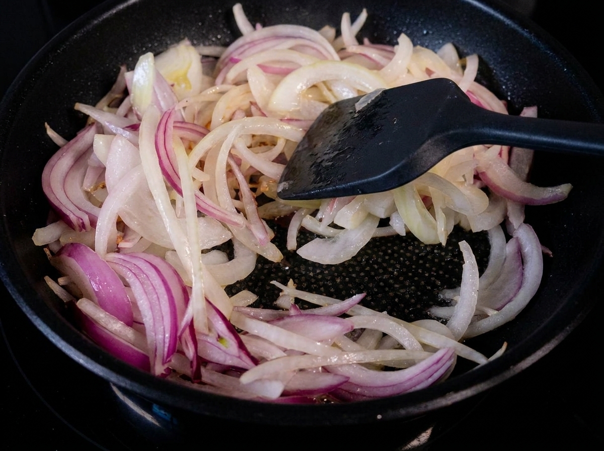 Thinly sliced white and red onions being stirred with a spatula in a hot frying pan.