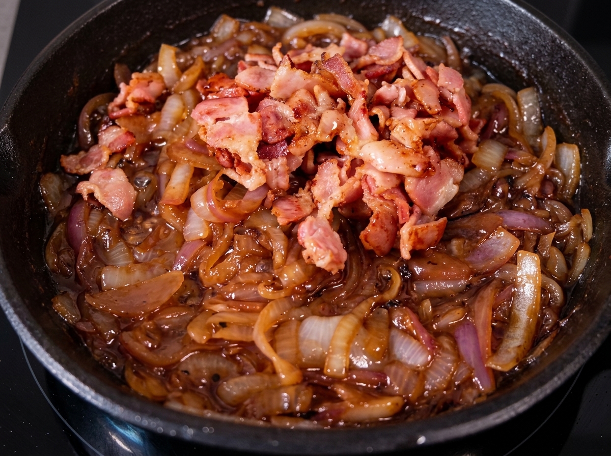 Crispy bacon bits piled on top of caramelized onions in a cast-iron skillet.