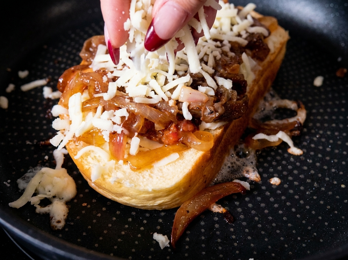 Fingers sprinkling a second layer of shredded mozzarella cheese over the rich bacon and onion filling.