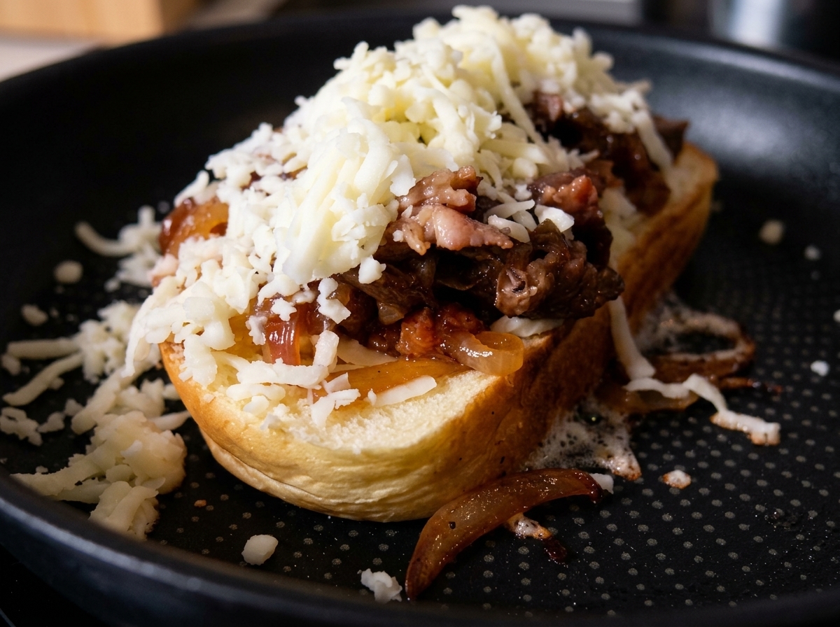 A second slice of buttered bread being placed on top of the layered cheese and filling inside the pan.