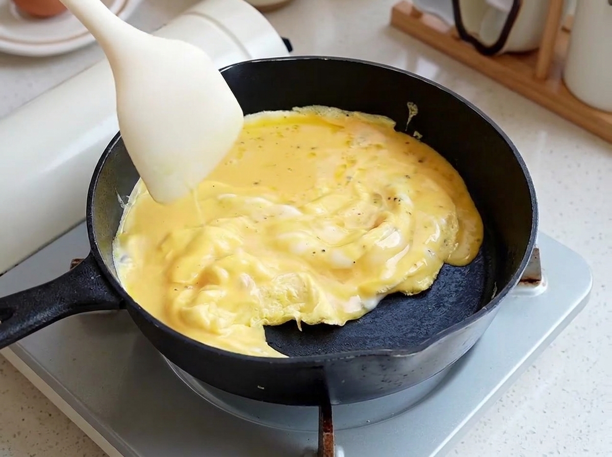 A white silicone spatula gently folding soft cooked yellow eggs in a black frying pan.