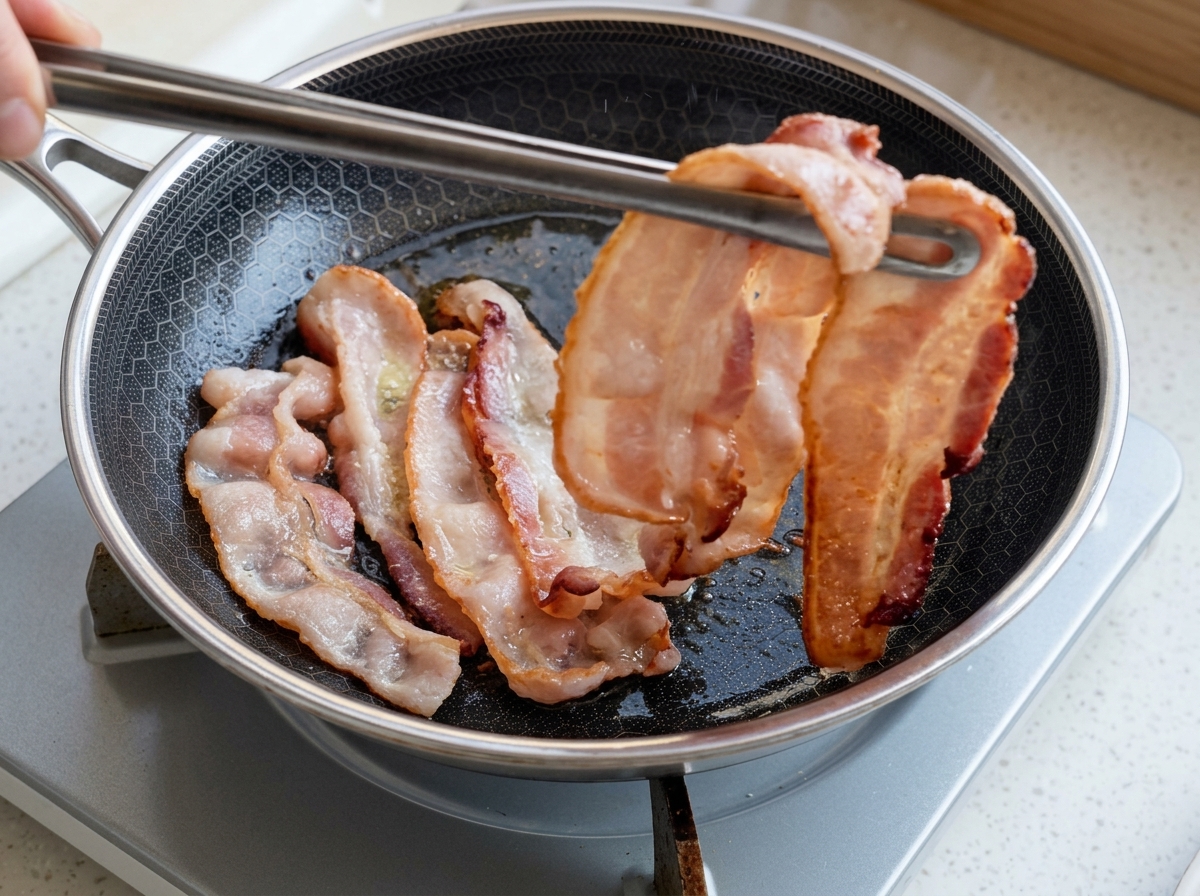 Metal tongs lifting a piece of golden-brown, crispy bacon from a hot frying pan filled with more bacon strips.