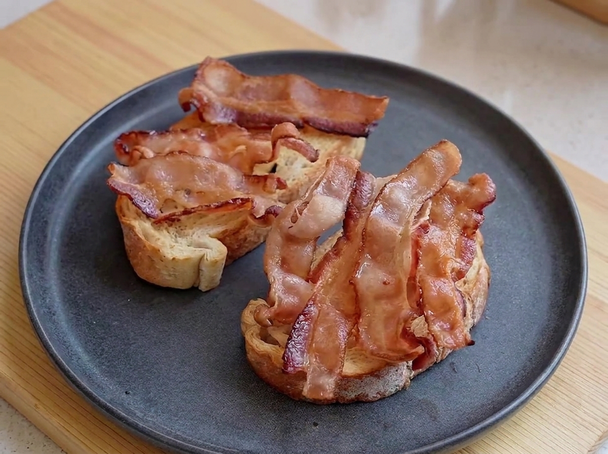 A dark plate holding toasted bread slices topped with layers of cooked, wavy bacon strips.