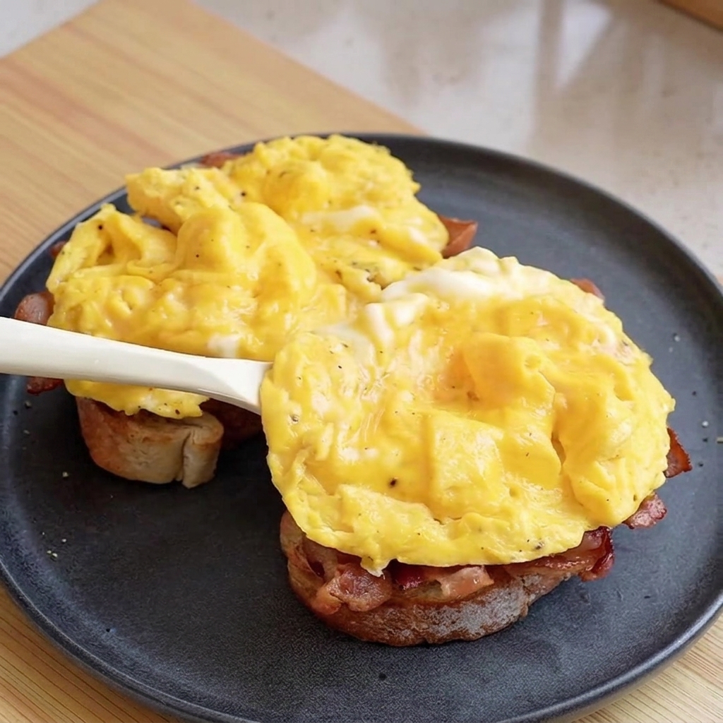 A white spatula placing a mound of soft, yellow folded scrambled eggs onto the bacon-topped toast on a dark plate.