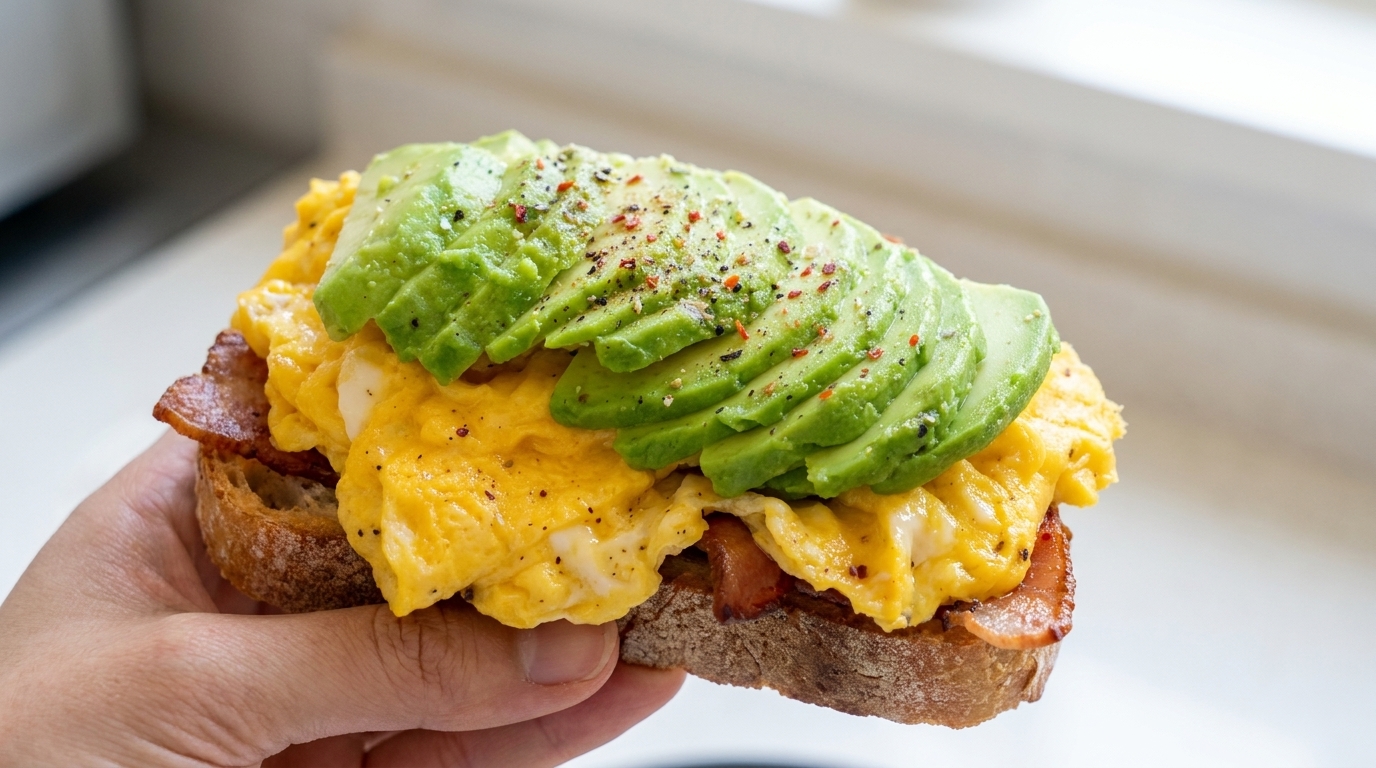 Bacon & Avocado Scrambled Egg Sandwich with Iced Latte