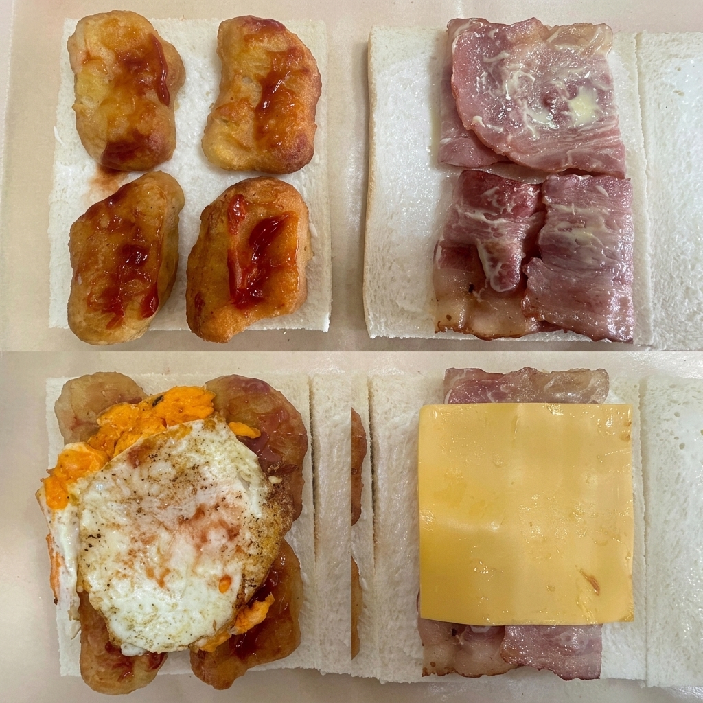 A composite image showing the assembly process: chicken nuggets with ketchup, bacon strips with honey mustard, a fried egg on top of the nuggets, and a slice of yellow cheese over the baconcite: 1.