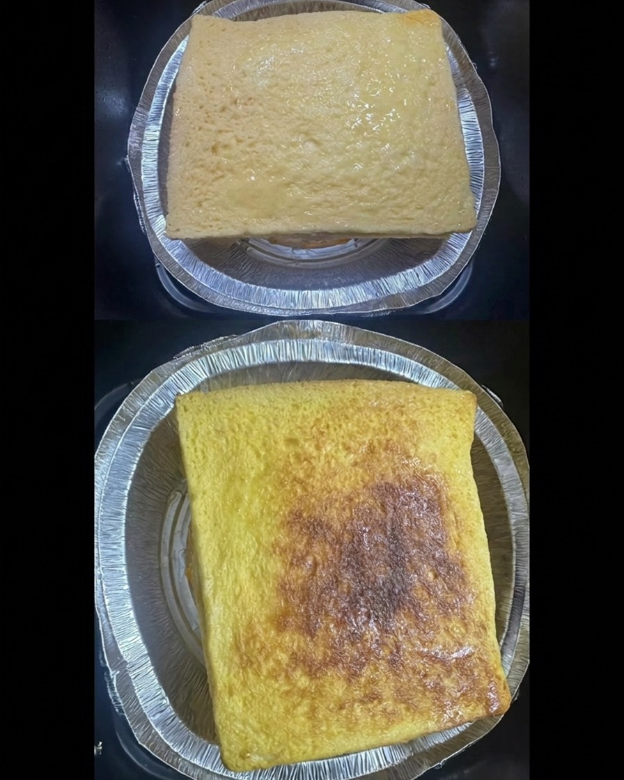 A split view showing the raw egg-coated sandwich in an aluminum tray before cooking, and the final beautifully toasted, golden-brown sandwich after being air-friedcite: 1.