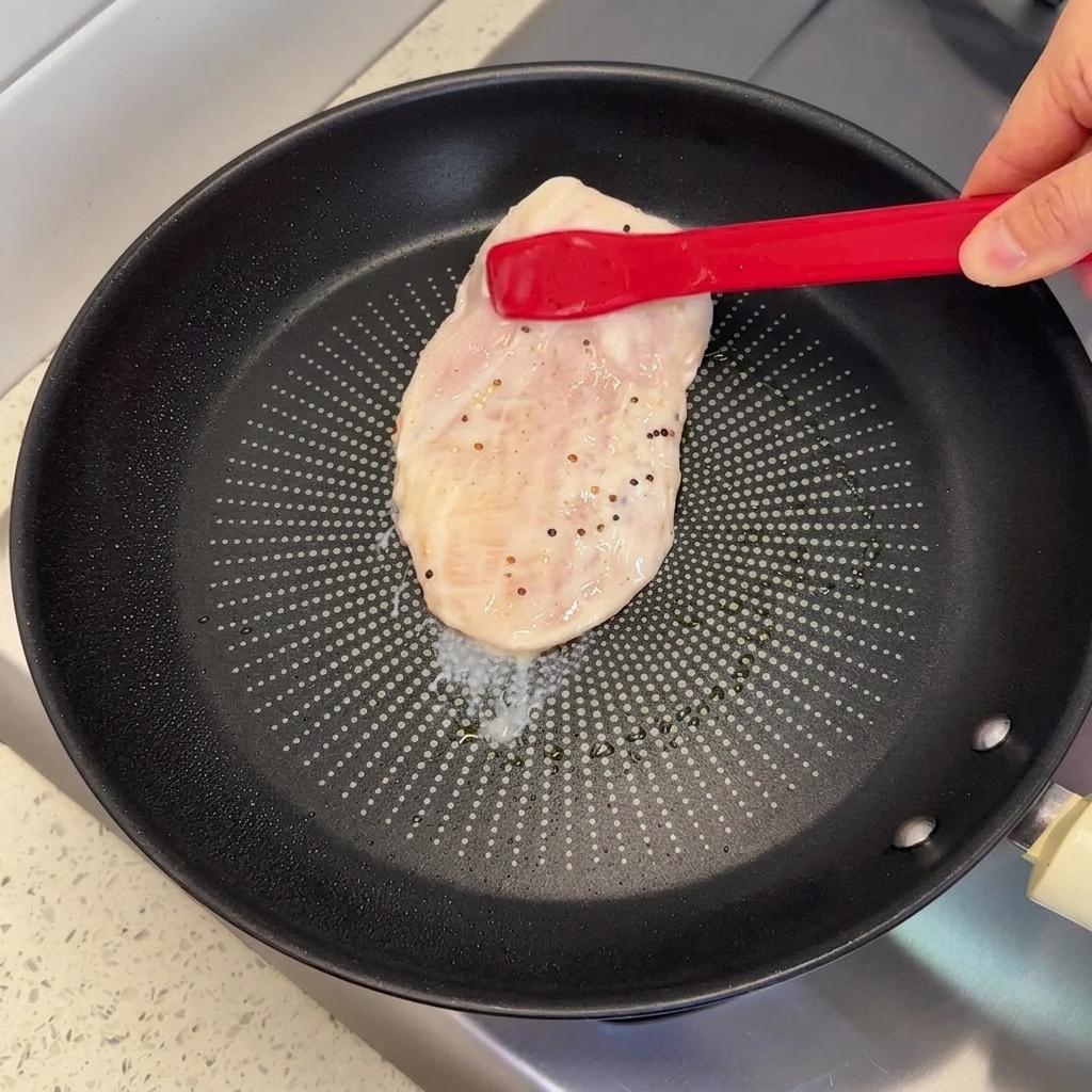 Red silicone tongs placing a raw chicken breast into a black frying pan.